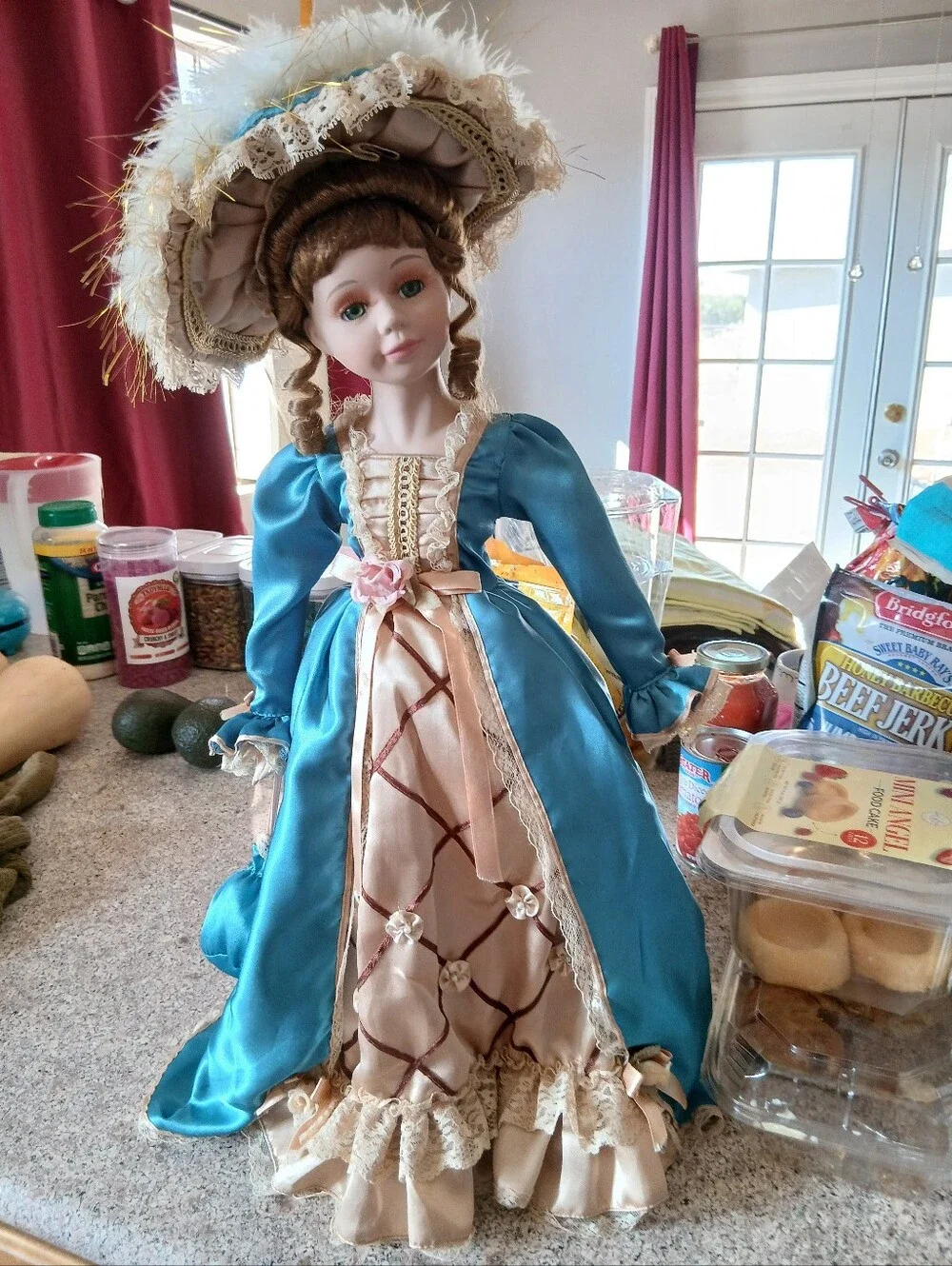 Porcelain Doll in Blue Satin Dress with Lace Trim